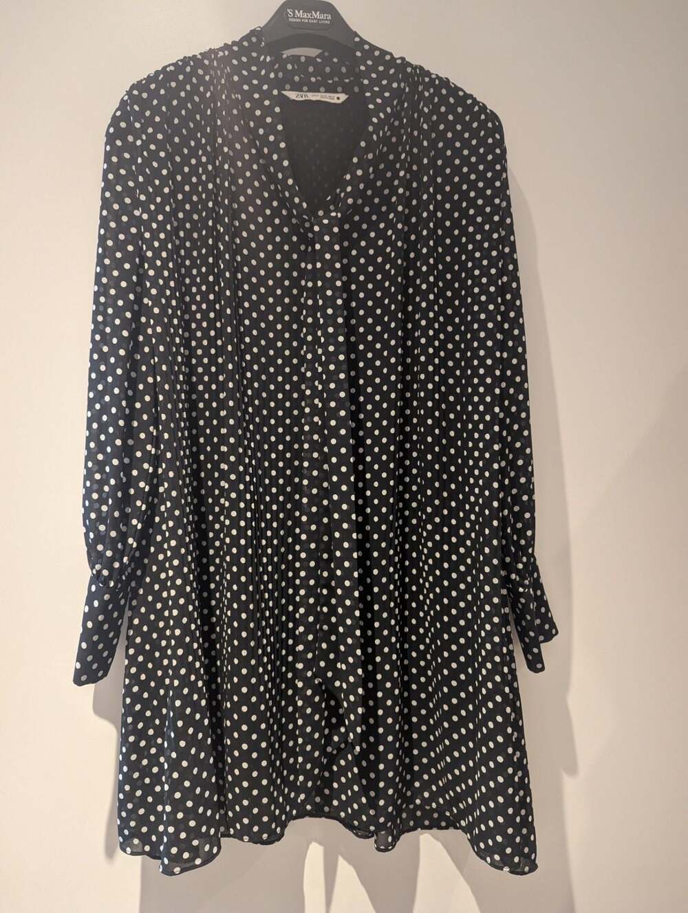 Zara Polka Dot Tie Neck Pleated Mini Dress Size XS